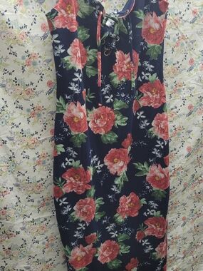 Navy Floral Lace-Up Midi Dress with Coral Blooms